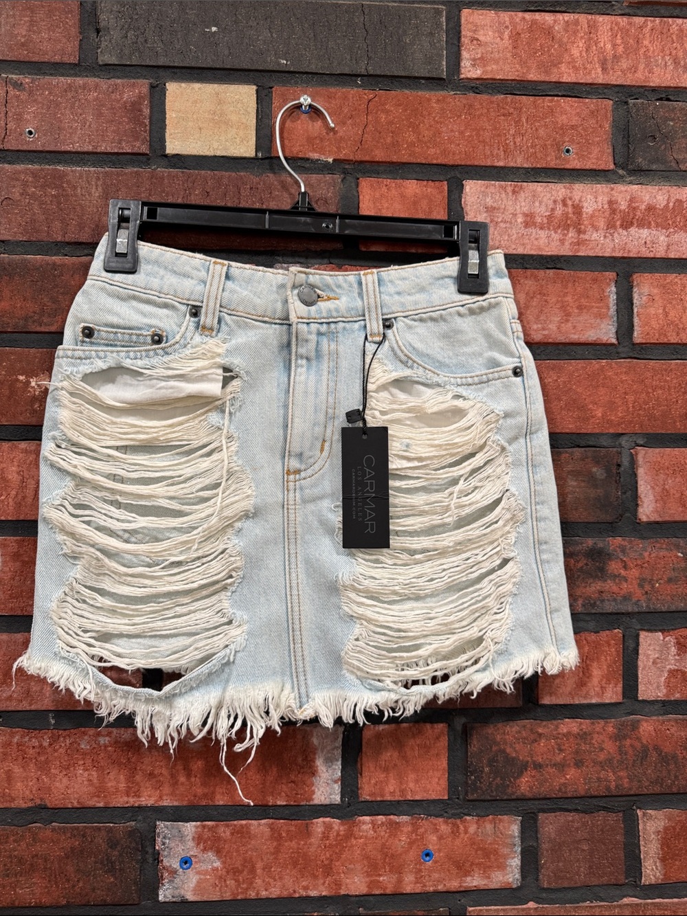 Carmar Light Blue Distressed Denim Mini Skirt with Cream Frayed Panels
